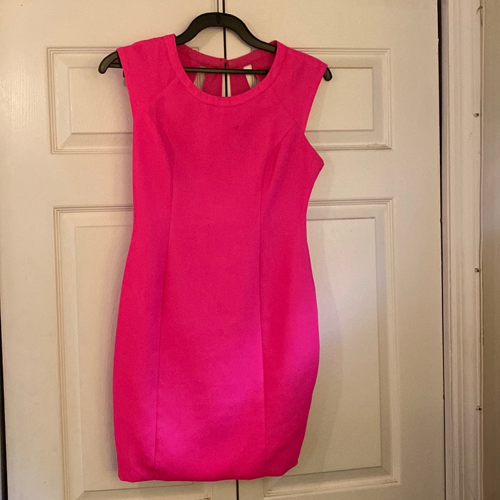 Hot pink semi formal, fitted dress.